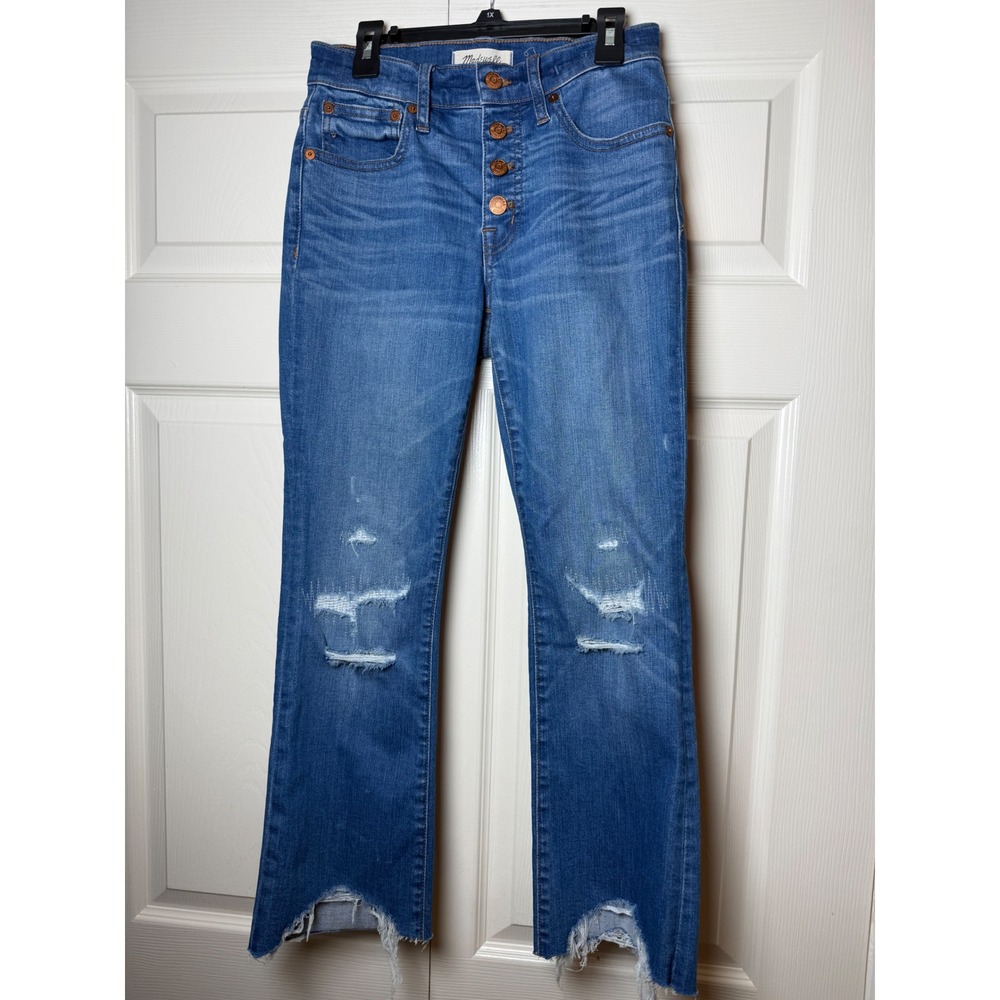 Madewell Cali Demi-Boot Jeans Blue Distressed Button Fly Raw Hem Size 24